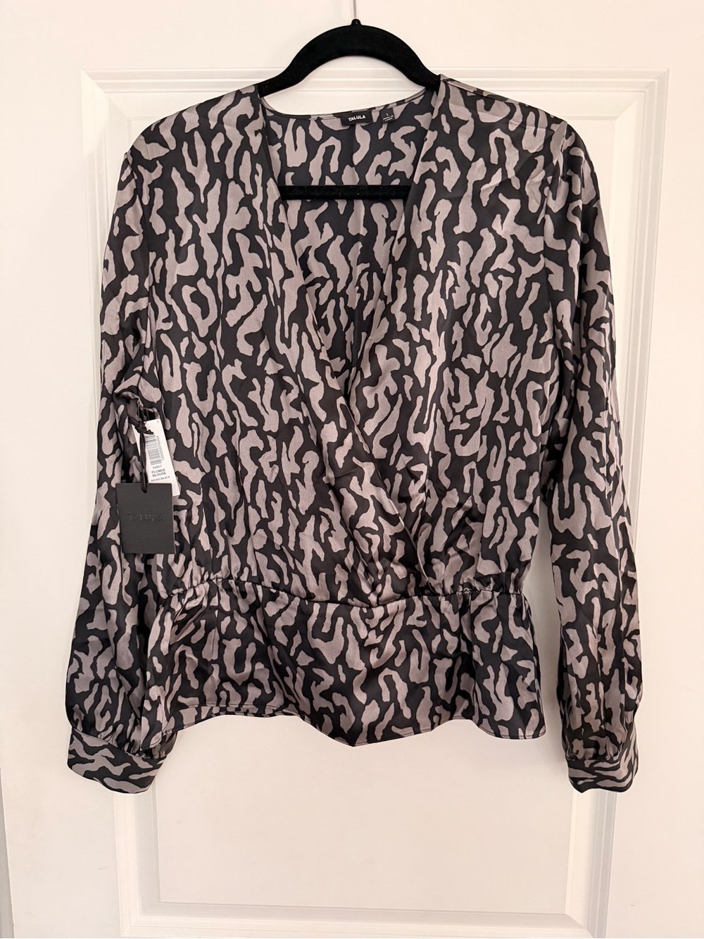 Talula Black & Gray Animal-Print Wrap-Style Blouse - NEW WITH TAGS!